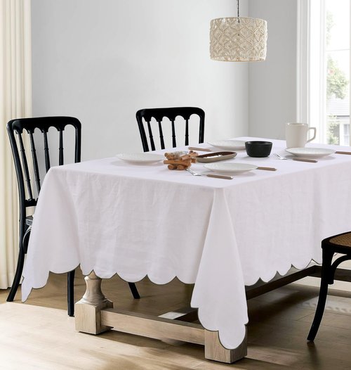 AORISSI 100% Pure Linen Scalloped Embroidery Rectangle Tablecloths 84Lx60W Inch for Dinners, Parties, Spring, Machine Washable, 6-8 Sets, White(Edges-Green)