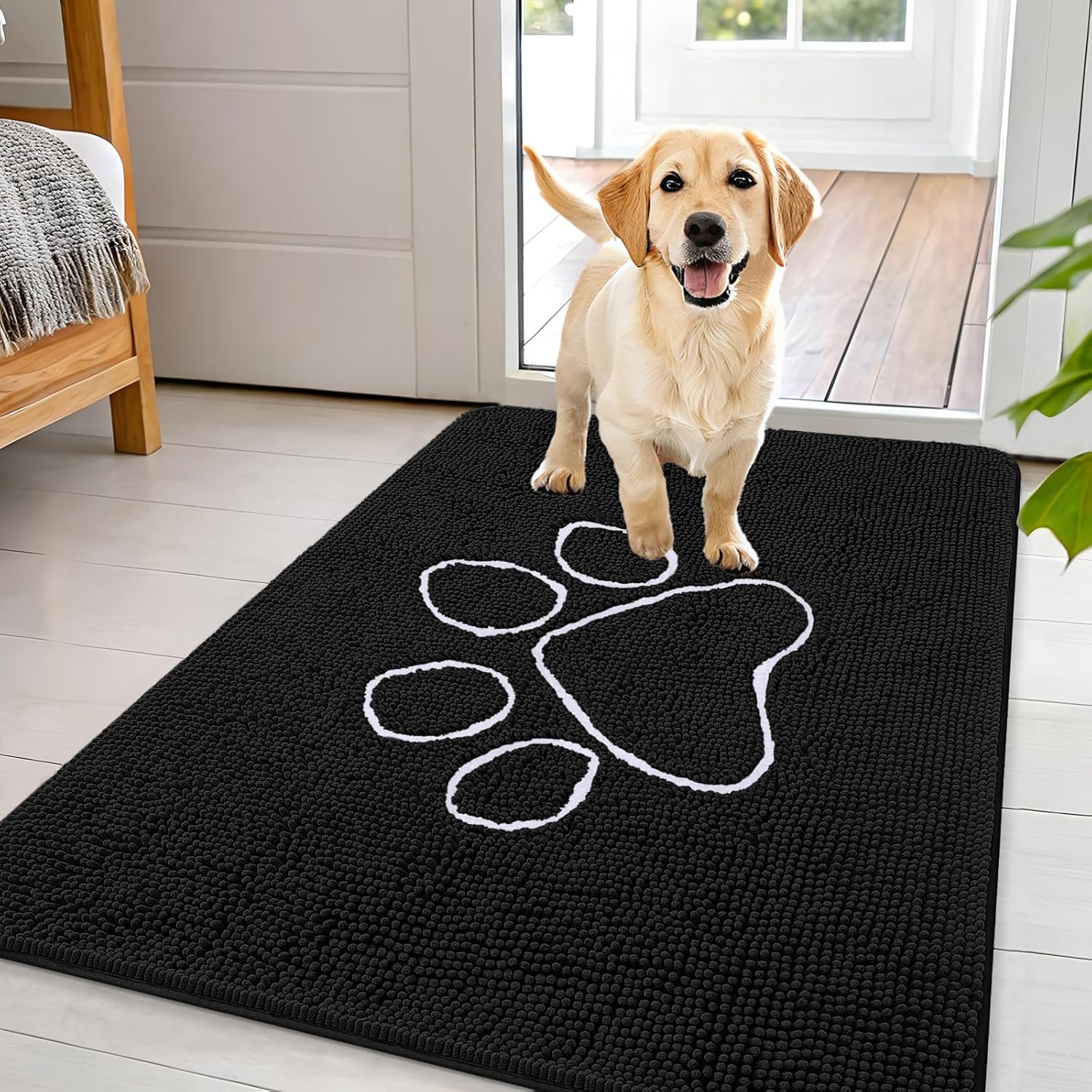 OLANLY Dog Door Mat - Absorbent Non-Slip Muddy Paws Design | 44x32 Black Chenille Mat for Indoor Entryway