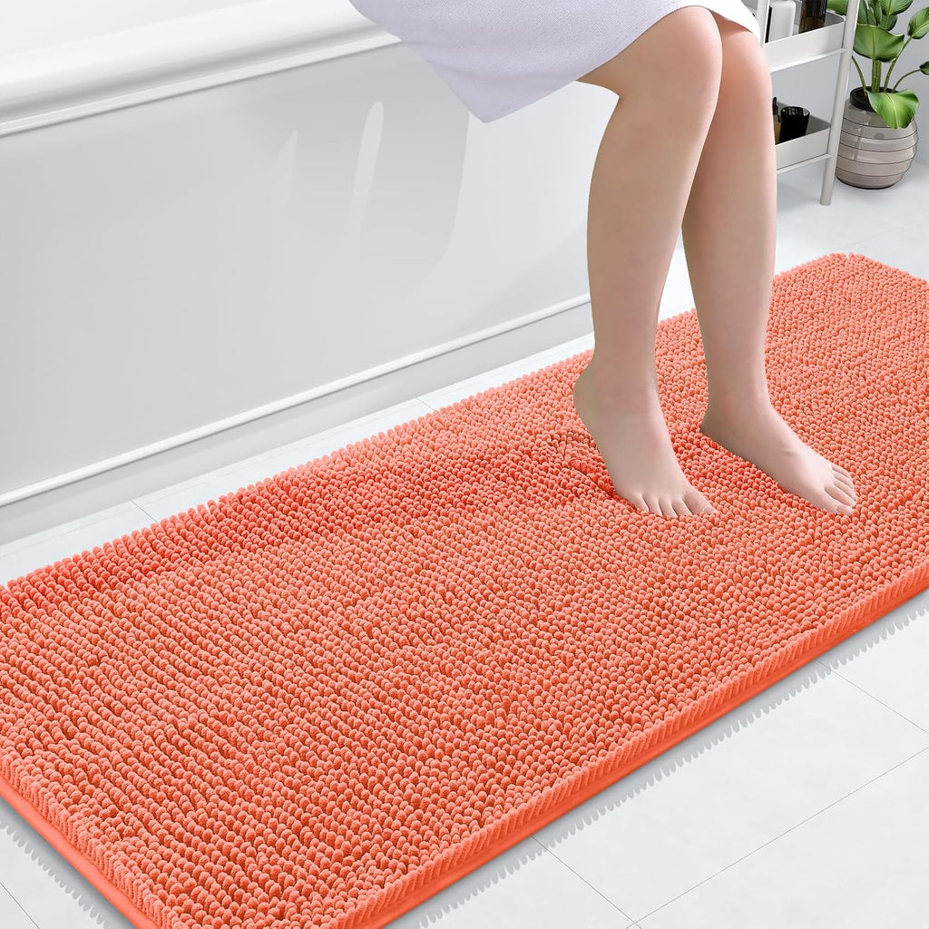 OLANLY Bathroom Runner Rugs - Extra Soft Chenille Bath Mats | Quick-Dry, Machine Washable, 59x24, Coral