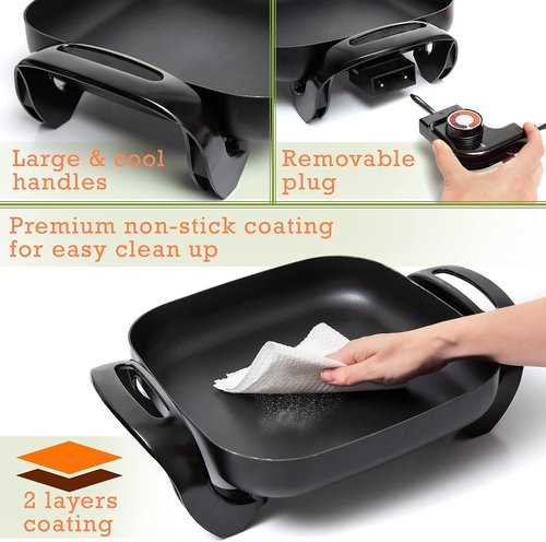 Moss & Stone Electric Skillet - 12x12 Inch Nonstick Frying Pan with Vented Glass Lid & Adjustable Temperature Control