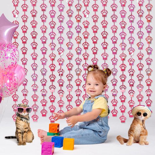 MENSTARSI Cat Birthday Decorations - 2 Pack Pink Cat Paw Party Supplies | 3.3x6.6 ft Foil Fringe Curtains & Tinsel Backdrop