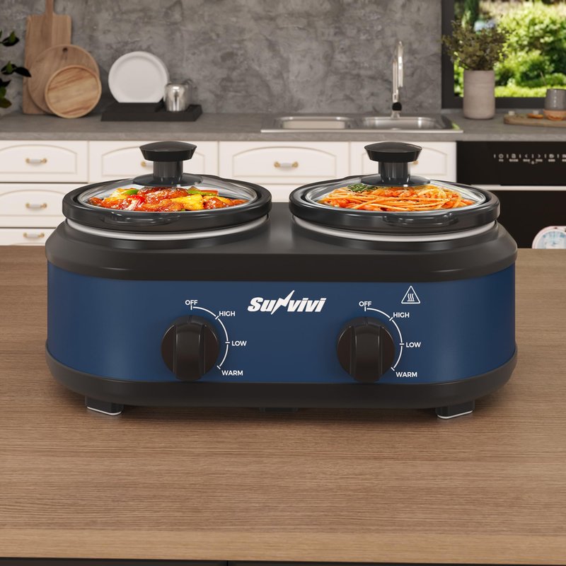 SUNVIVIPRO Double Slow Cooker,2 Removable Pots Small Mini Crock Buffet Server and Warmer with Adjustable Temp, Visible Glass Lids, Dishwasher Safe, 2 x 1.25 Quart, Blue