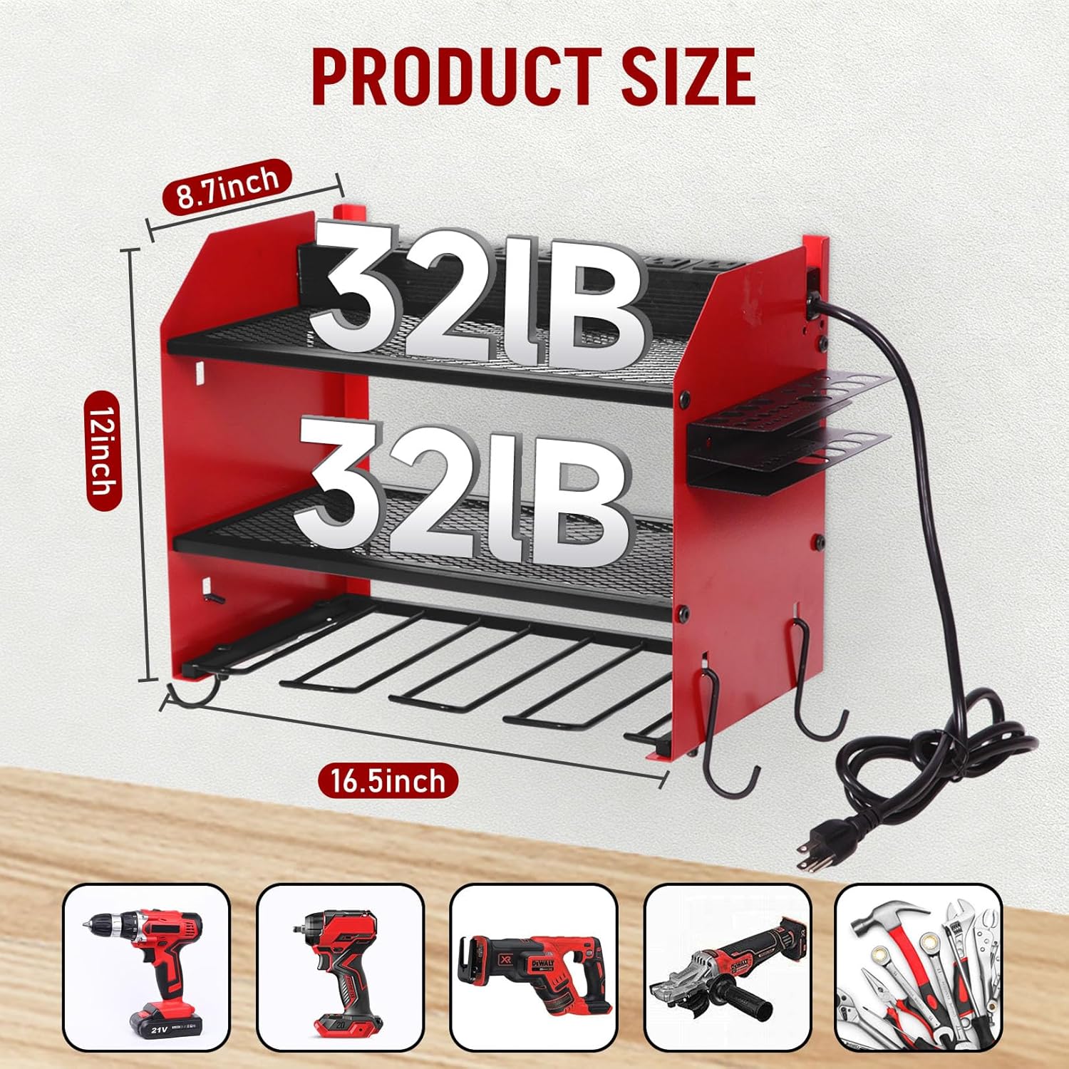 Power Tool Organizer - Heavy Duty Wall Mount Storage Rack with Charging Station & 4 Drill Holders | Ideal for Garage & Workshop
