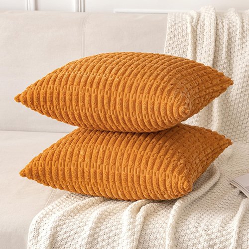 MIULEE Burnt Orange Corduroy Decorative Pillow Covers - Soft Boho Striped 18x18 Inch | Modern Farmhouse Home Decor