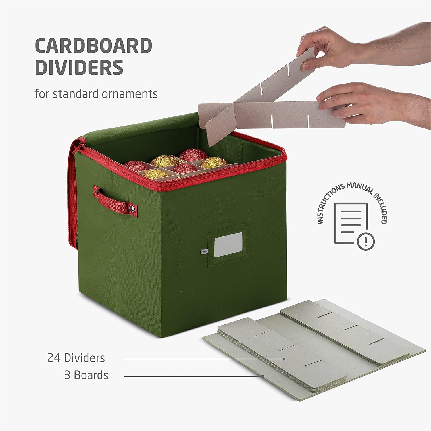 ZOBER Christmas Ornament Storage Box - Organize 64 3" Ornaments with Dividers - Durable Green Container