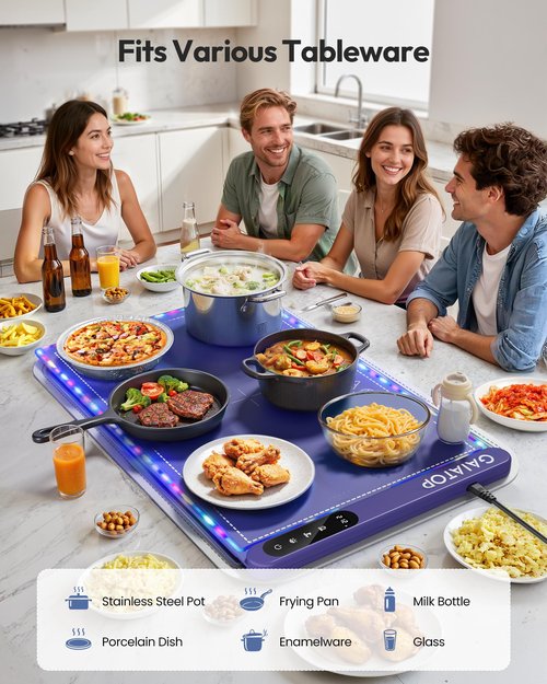 Gaiatop Warming Mat for Food with Trivet & Light, Food Warming Mats for Countertop, 6 Temp Level, 6 Timer Settings, Full-Surface Fast Heating, Portable Silicone Food Warmer for Parties Buffet