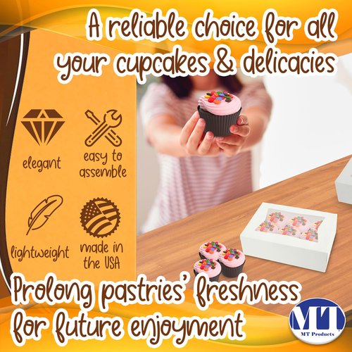 MT Products Cupcake Boxes 8" x 5.75" x 2.5" - Auto Pop-Up Bakery Boxes with Window (Pack of 25) - Made in the USA