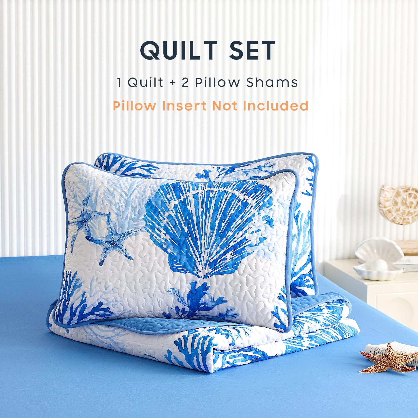 Wake In Cloud - Coastal Quilt Set, Nautical Ocean Beach Themed Tropical Summer Patterned, Reversible Lightweight Bedspread Coverlet, 3 Pieces, Blue White, King Size