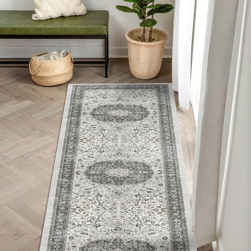 **Hallway Washable Runner Rug - Oriental Stain Resistant | Ultra Soft Non-Slip Indoor Carpet (2x6, Grey)**