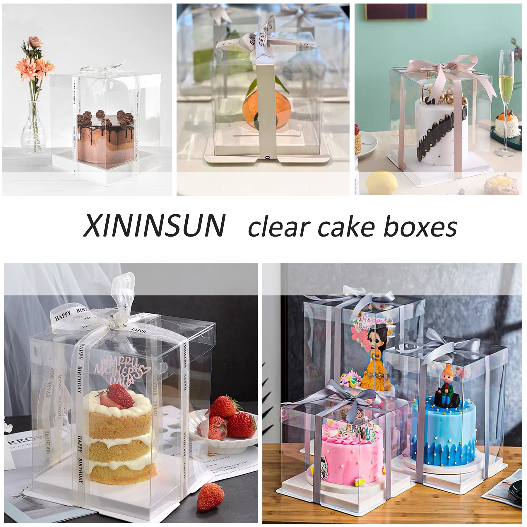 XININSUN 14x14x12inch clear cake box with ribbon,12inch14inch tall cake boxes for tiered cakes,layer cake carrier,disposable cake containers for wedding birthday party and gift display-White