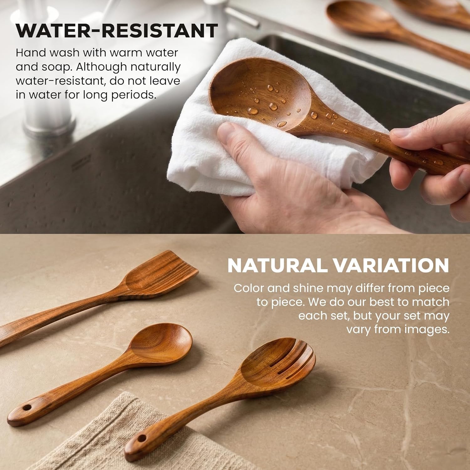 Zulay Kitchen Wooden Cooking Spoons Set - 6 Durable Teak Utensils with Comfort Grip, Easy to Clean