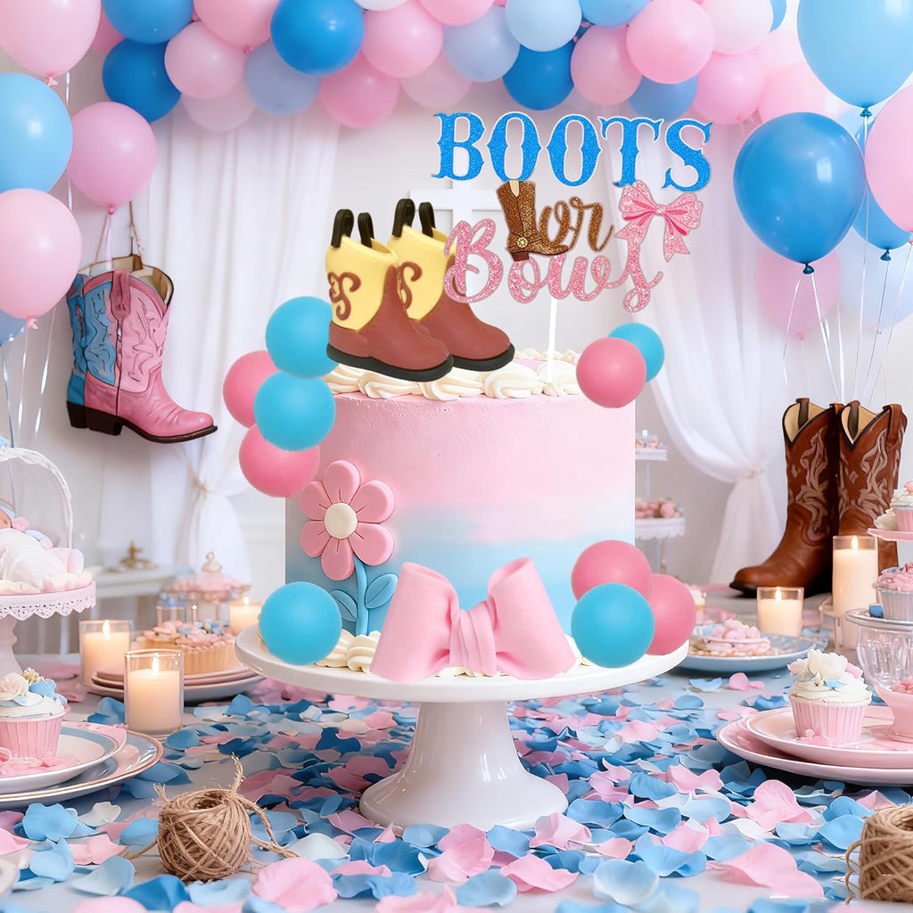 Skiennix Gender Reveal Cake Decorations - Acrylic Boots & Bows Cake Toppers Set for Baby Shower