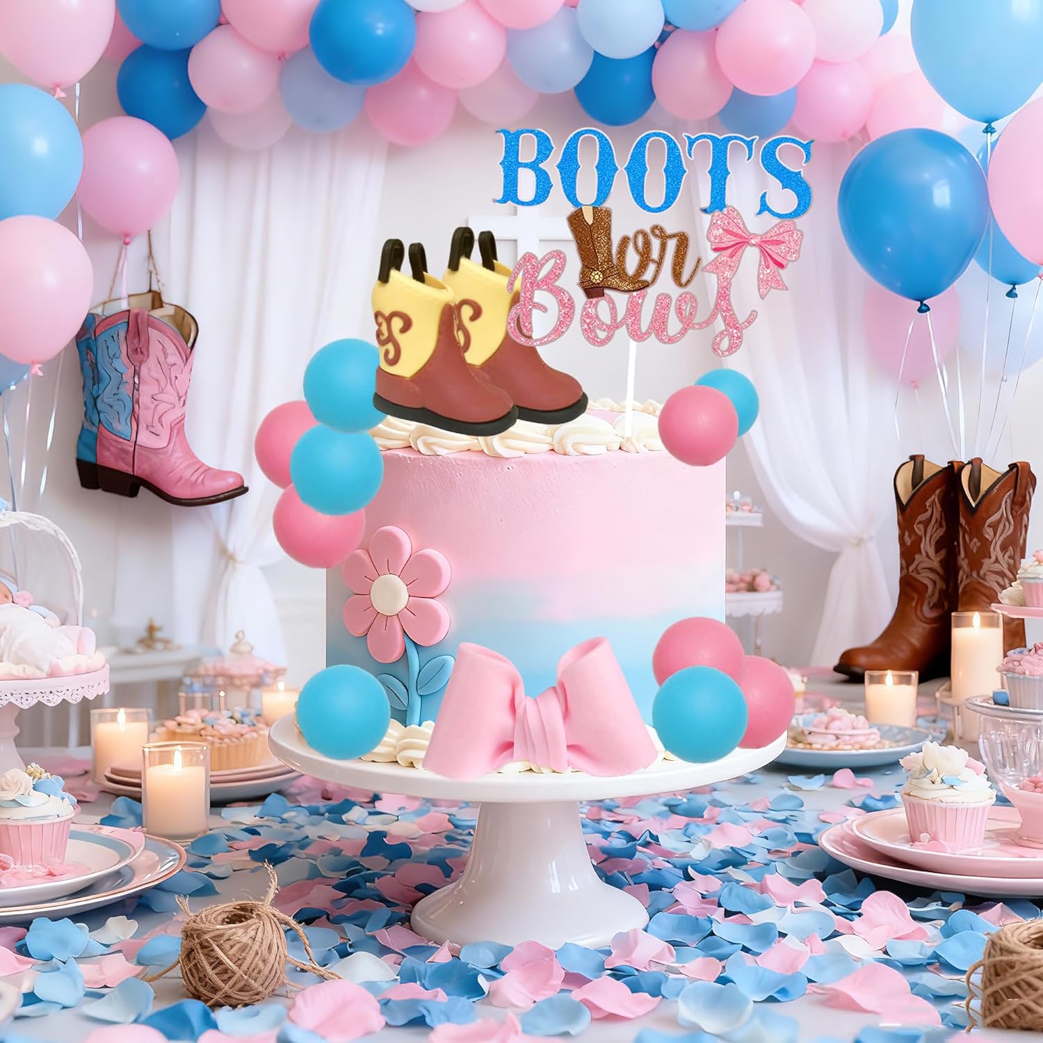 Skiennix Gender Reveal Cake Decorations - Acrylic Boots & Bows Cake Toppers Set for Baby Shower
