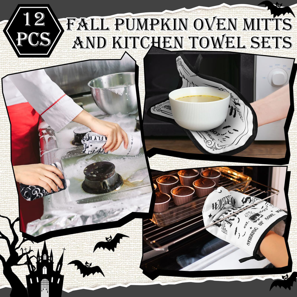 SiliFine 12 Pcs Oven Mitts and Kitchen Towel Sets 4 Dish Towels 4 Potholders 4 Vintage Resistant Glove for Cooking Baking Home Gifting(Goth Black and White)