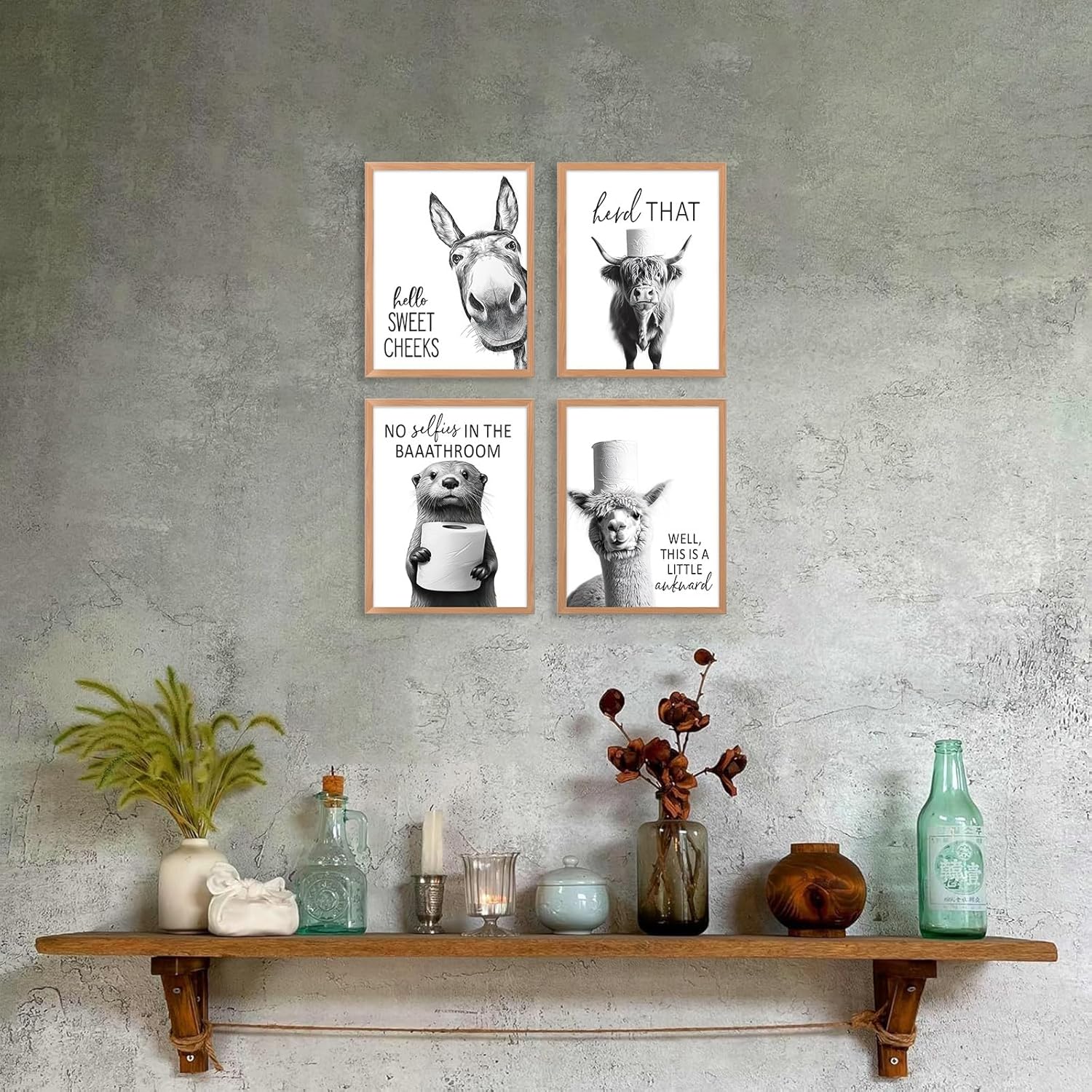 Regine Switzerland Funny Bathroom Wall Art - Rustic Black and White Animal Prints | Unframed 8x10" Set of 4