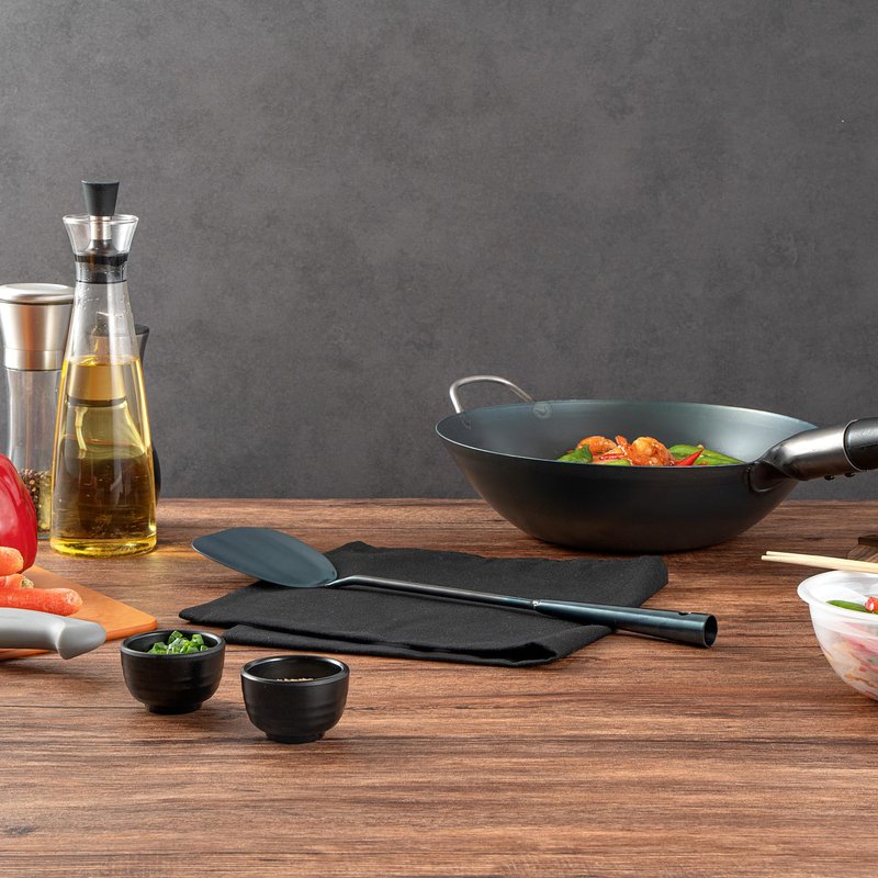 Restaurantware-Motomori 16 Inch Wok Spatulas, 10 Pre-Seasoned Cooking Turners - Hanging Hole, Extra Long Handle, Blue Carbon Steel Chinese Cooking Spatulas, For Stirring, Flipping, Frying, And More