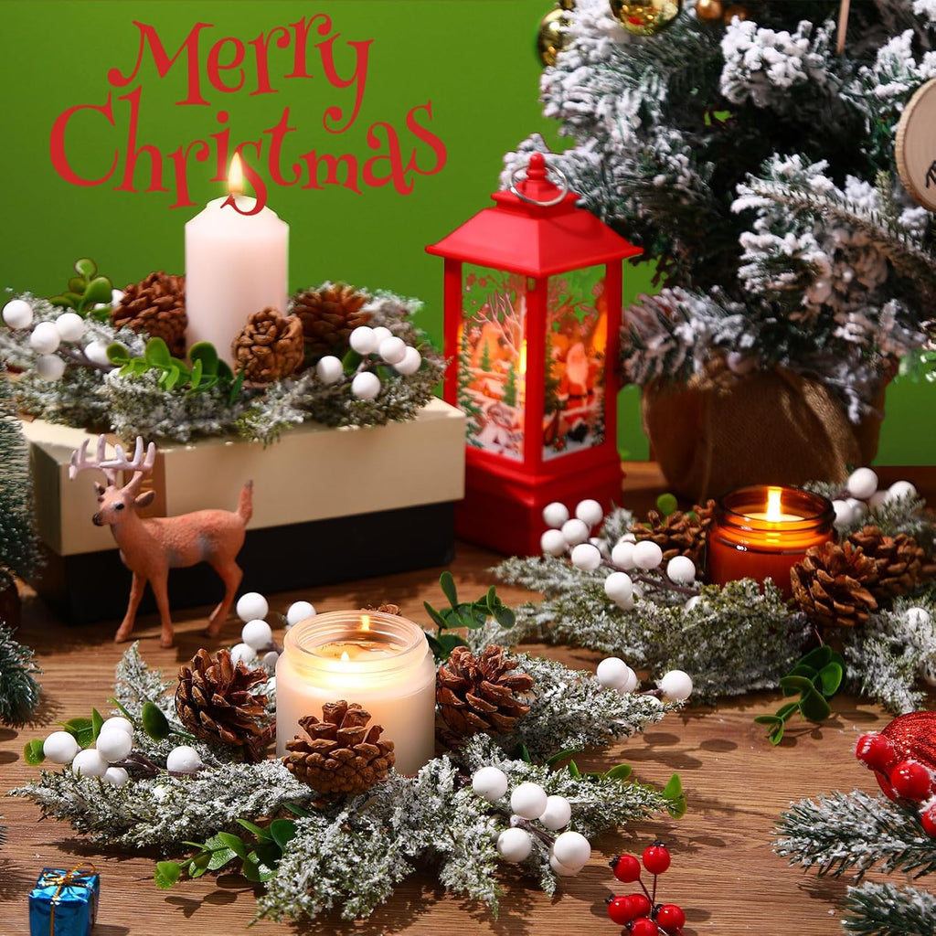Vercraft 8" Christmas Candle Rings - Snowy Pine Garland with White Berries & Pine Cones | Set of 6