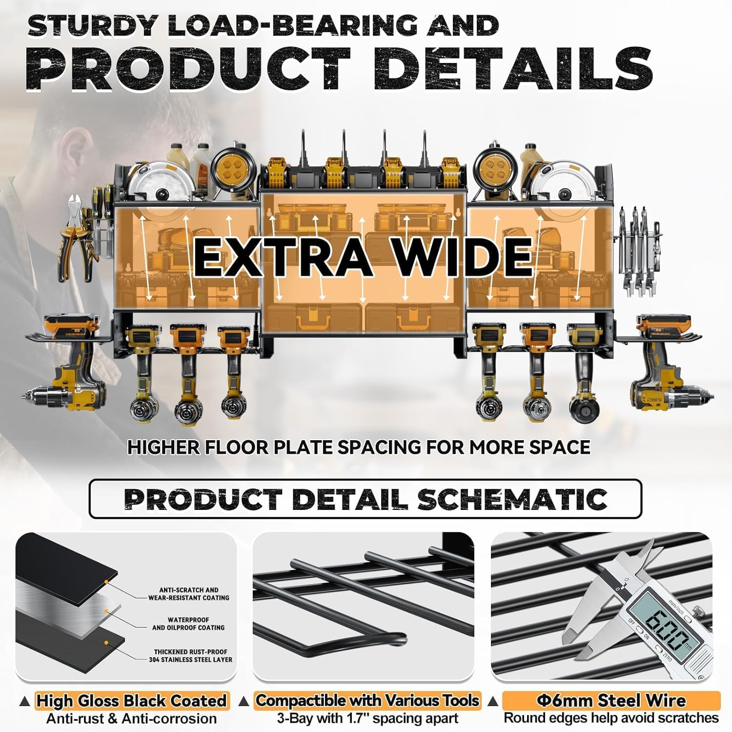 Upgrade Large Power Tool Organizer - Wall Mount with Charging Station & 10 Drill Holders | Garage Storage Rack