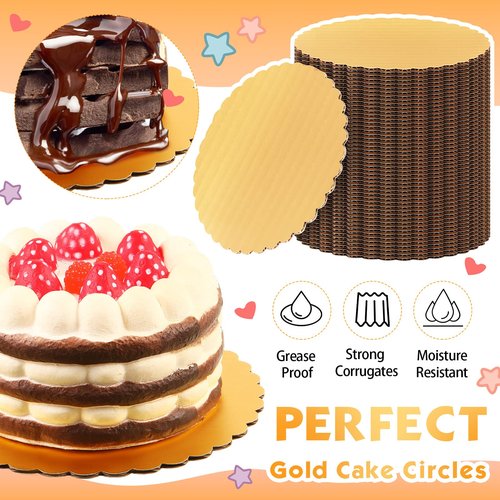 Eaasty 100 Pack Gold Cake Boards Round Cake Base Boards Disposable Plate Scalloped Bases Round Coated Circle Trays Base for Dessert Party Supplies(6 Inch)