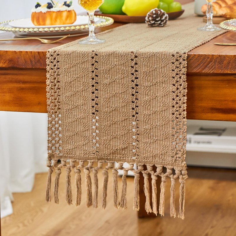 FEXIA Brown Table Runner Boho Burlap Coffee Table Runner with Tassels 90 Inches Long for Farmhouse Home Decor Modern Fall for Bohemian Dining Bedroom Decor Rustic Style (12x90 Inches)