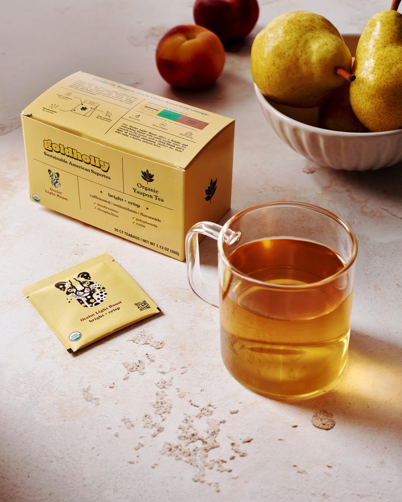 Goldholly Organic Yaupon Tea Bags - Ocelot Light Roast, 20 Count | American Organic Tea for Clean No-Jitter Energy & Focus | Caffeine & Theacrine, Smoother than Traditional Teas | Gold Holly Yaupon