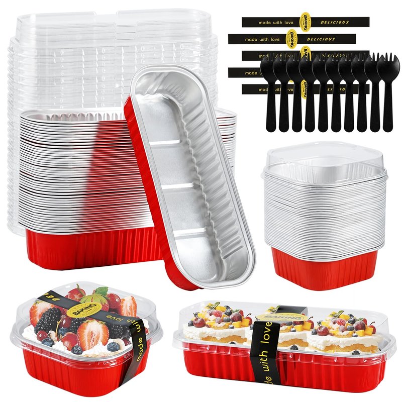 Orlashop 100 Pack Red Mini Aluminum Foil Loaf Pans with Lids 50Pcs 6.8oz and50Pcs 10oz, Spoons & Sealing Stickers Included Ideal for Baking, Storage & Gifting Dessert (100PCS RED)