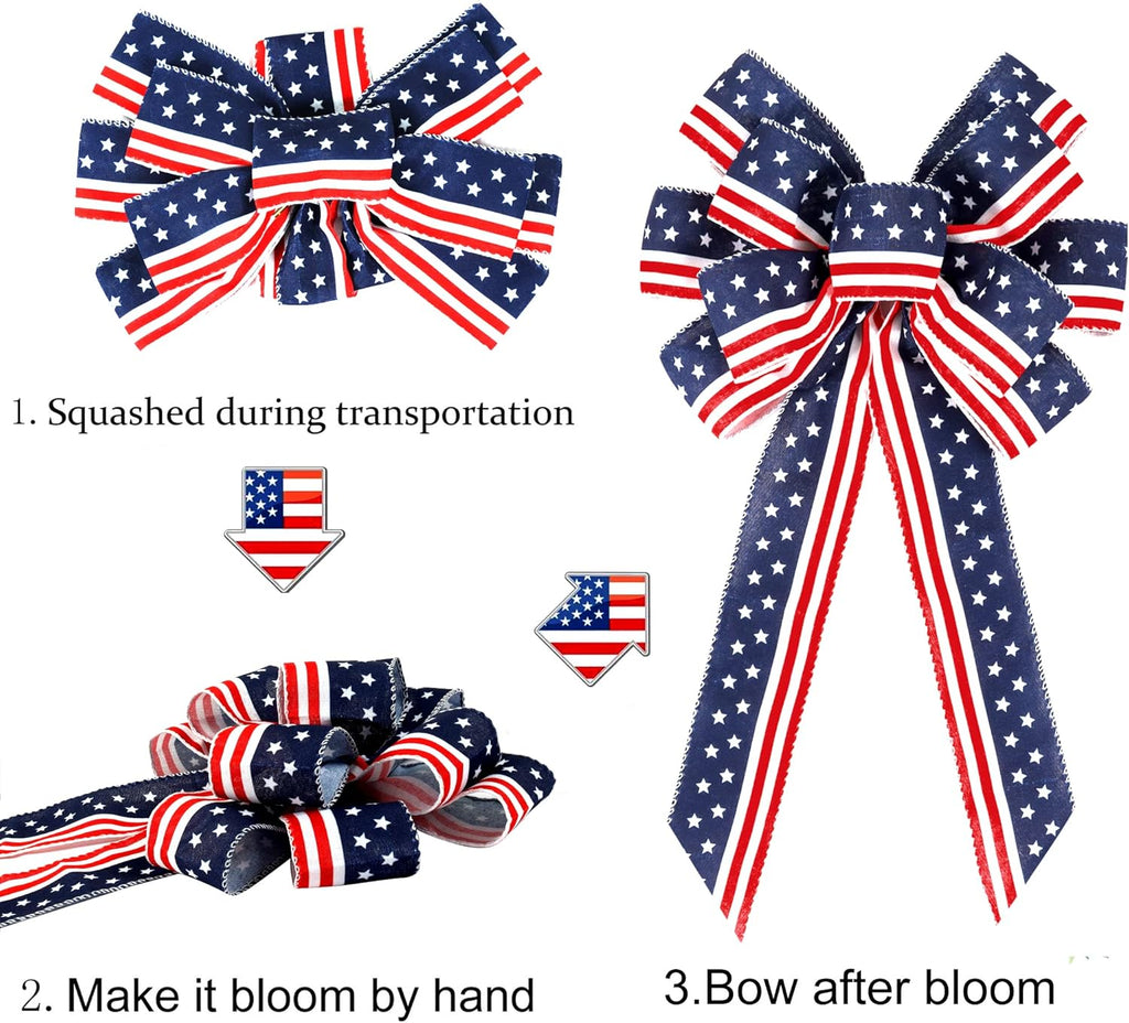 Patriotic 4th of July Decor Bow - Red, White & Blue Stripe Stars | 2 Pack Wreath & Tree Topper