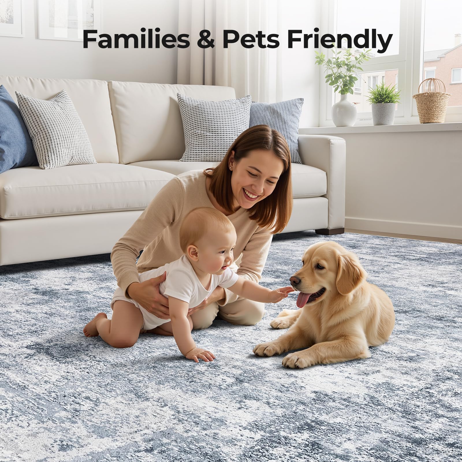 WITSHOCK 6x9 Area Rugs for Living Room : Machine Washable Non Slip - Low Pile Modern Abstract Carpet for Bedroom Kids Room Dining Room - Stain Resistant for Household - Pet Owners (Blue)