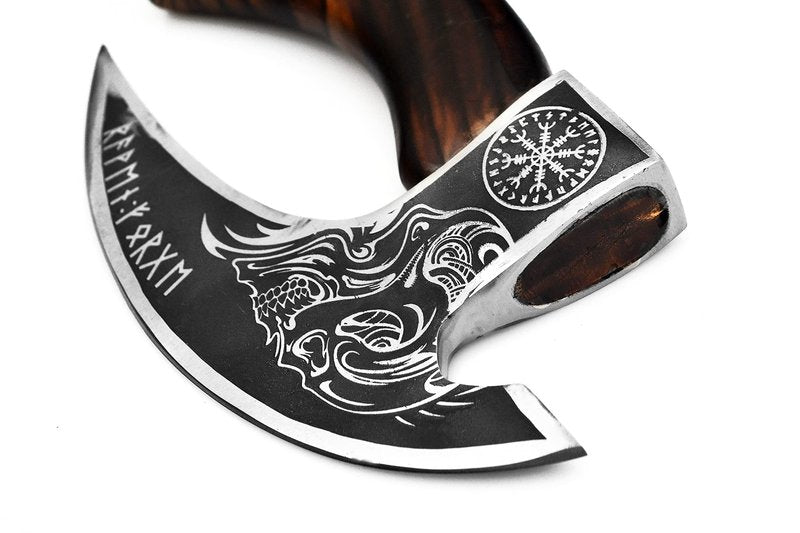 Handmade 11” Pizza Cutter, 10” Cutting Blade with Carbon Steel, Leather Sheath, Skull Design, Viking Style Pizza Cutter Design. Multi-Purpose Cutter… (Dark Wood Handle)