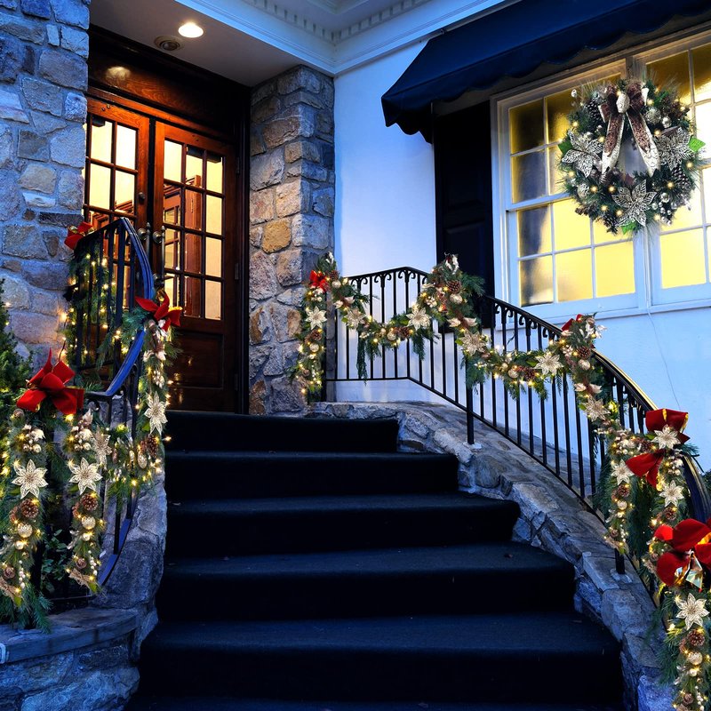 Fashionwu Gold Pre-lit Christmas Garland with Lights, 6 FT Lighted Xmas Garland with Golden Brown Bow-Knot Ball Decorations, Window Front Porch Door Fireplace Mantle Banister Decorations