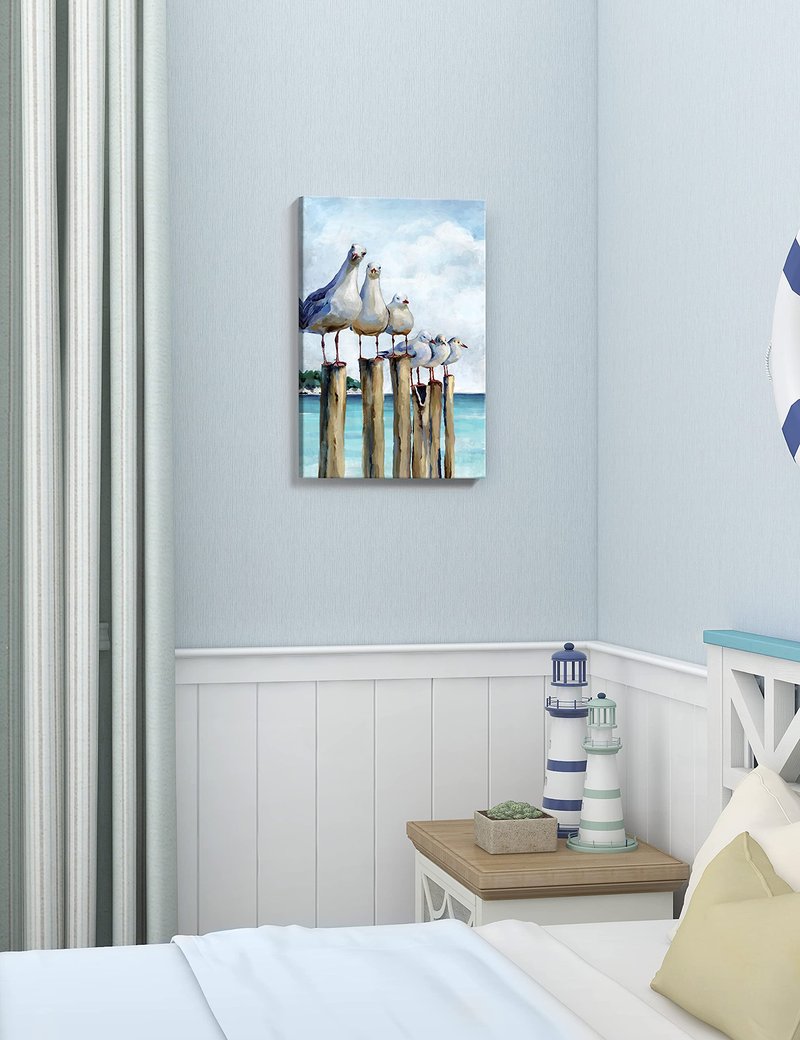 SUMGAR Ocean Wall Art Coastal Sea Bird Artwork Framed Prints Wall Decor Teal Beach Canvas Paintings for Bathroom Bedroom Living Room Decor 16"x24"