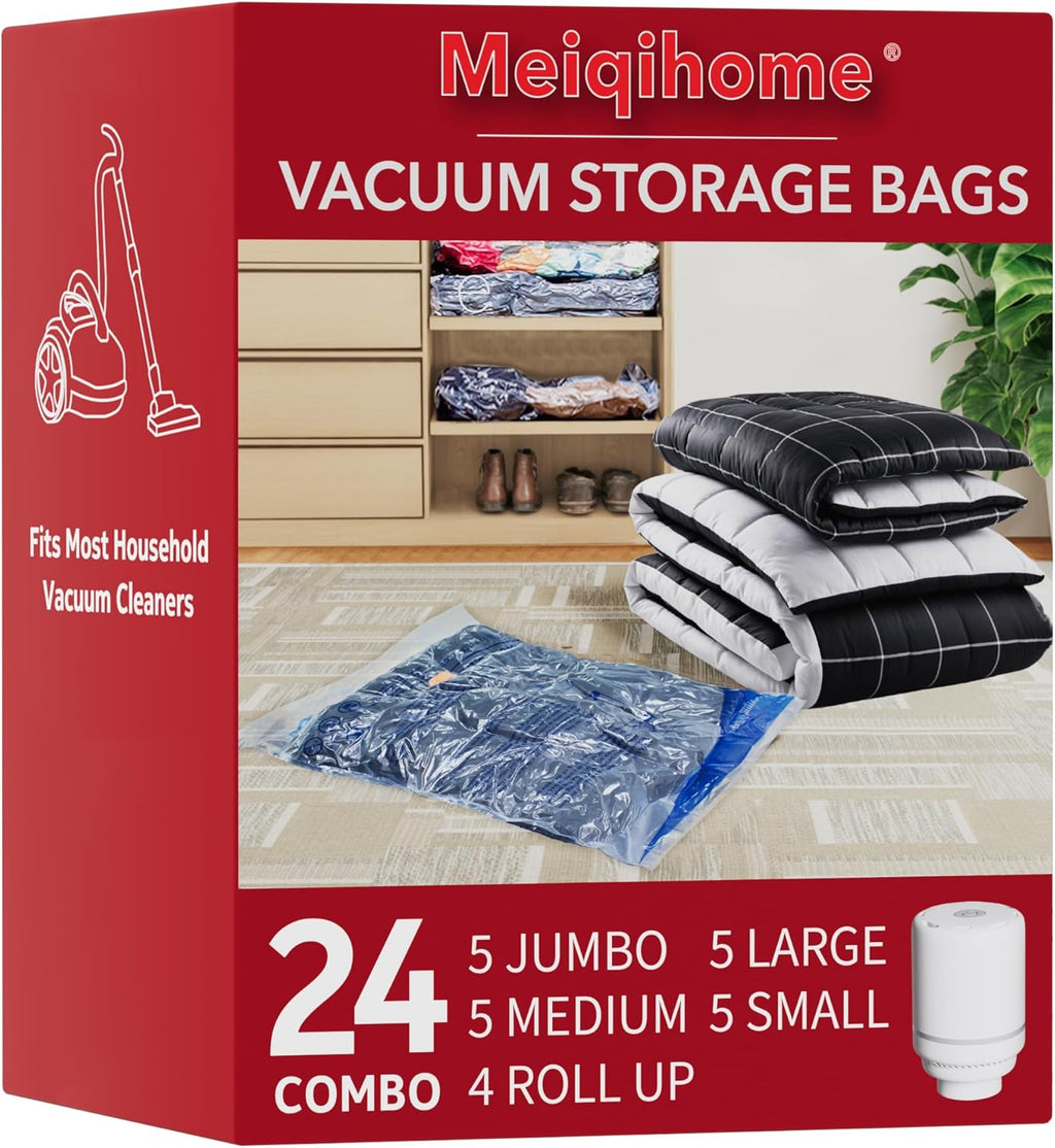 Skiennix Vacuum Seal Bags - Space-Saving Storage for Clothes, Blankets & Pillows | 24-Pack with Electric Pump
