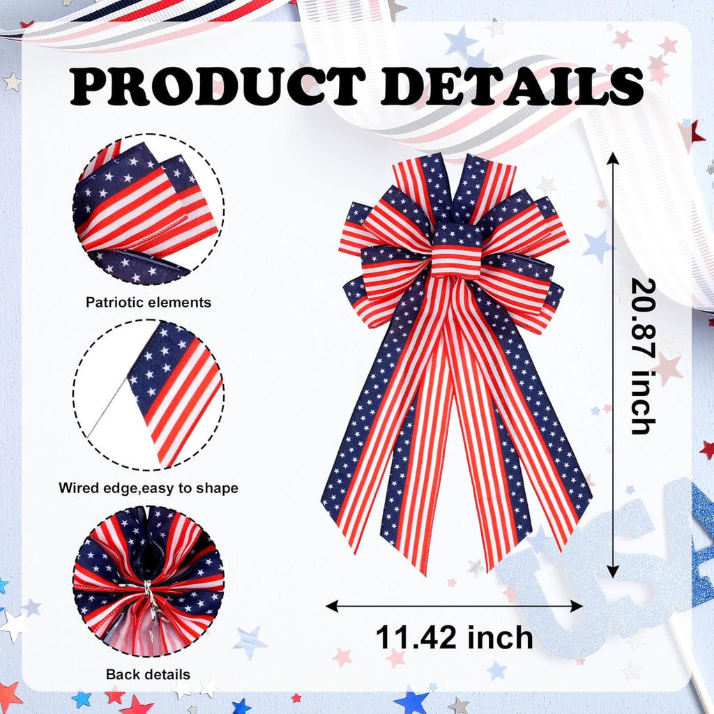 Patriotic Classic Bow - Large 20.87" Red, White & Blue Wired Edge Bow for Wreaths & Front Doors