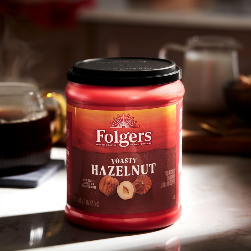 Folgers Toasty Hazelnut Flavored Ground Coffee, Medium Roast 9.6 Ounce Canister (Pack of 6)