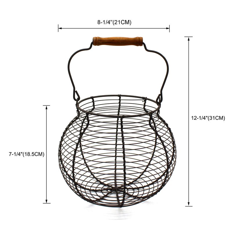 CVHOMEDECO. Antique Wire Egg Basket with Wood Handle Primitives Vintage Gathering Basket. Rusty