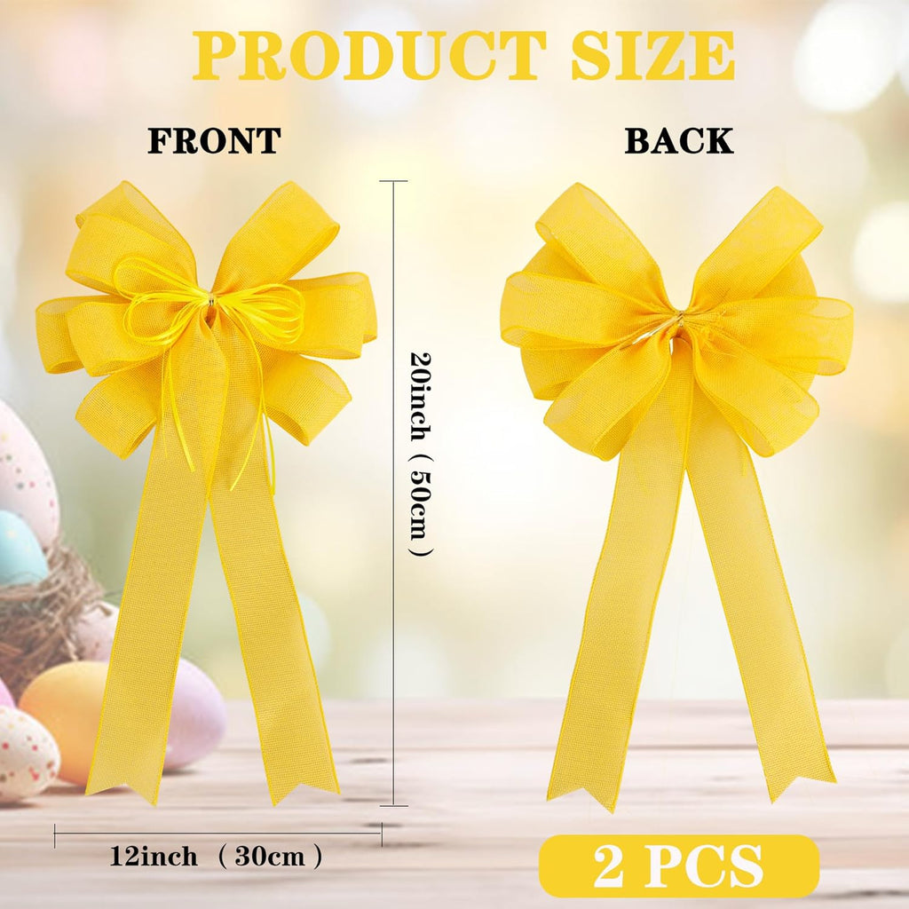 Skiennix 2 Pack Yellow Christmas Tree Bows - 12x20 Inch Large Burlap Wreath Bows with Glitter String for Festive Decor