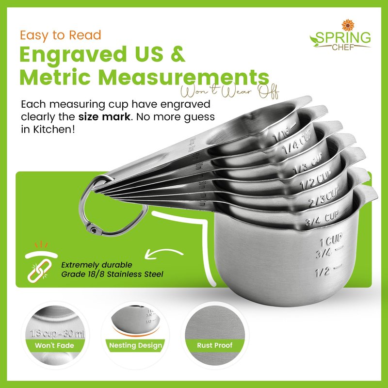 Spring Chef Stainless Steel Measuring Cups Set of 7 with Pour Spout - Nesting Kitchen Tools with Easy Read Markings to Measure Dry or Liquid Ingredients - Metal Measuring Cups for Baking & Cooking
