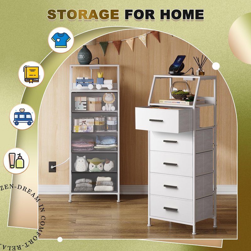 NASHZEN Nightstand 5 Drawer Dresser with Charging Station, Side Table with Fabric Drawers, End Table with Open Shelf, Tall Dresser for Bedroom, Hallway, Entryway