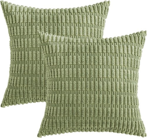 MIULEE Decorative Throw Pillow Covers - Soft Boho Striped Corduroy | Pack of 2, 16x16 Inch, Sage Green
