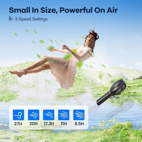 HandFan - Upgraded 5200mAh Portable Handheld Fan | 5-Speed Strong Airflow, 27-Hour Battery Life, Compact Design (Black)