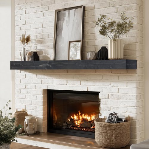 ABSWHLM 56x8x3 Fireplace Mantel - Handcrafted Hollow Rustic Solid Wood Wall Mounted Floating Shelf with Invisible Heavy Duty Wood Bracket (Weathered Black)