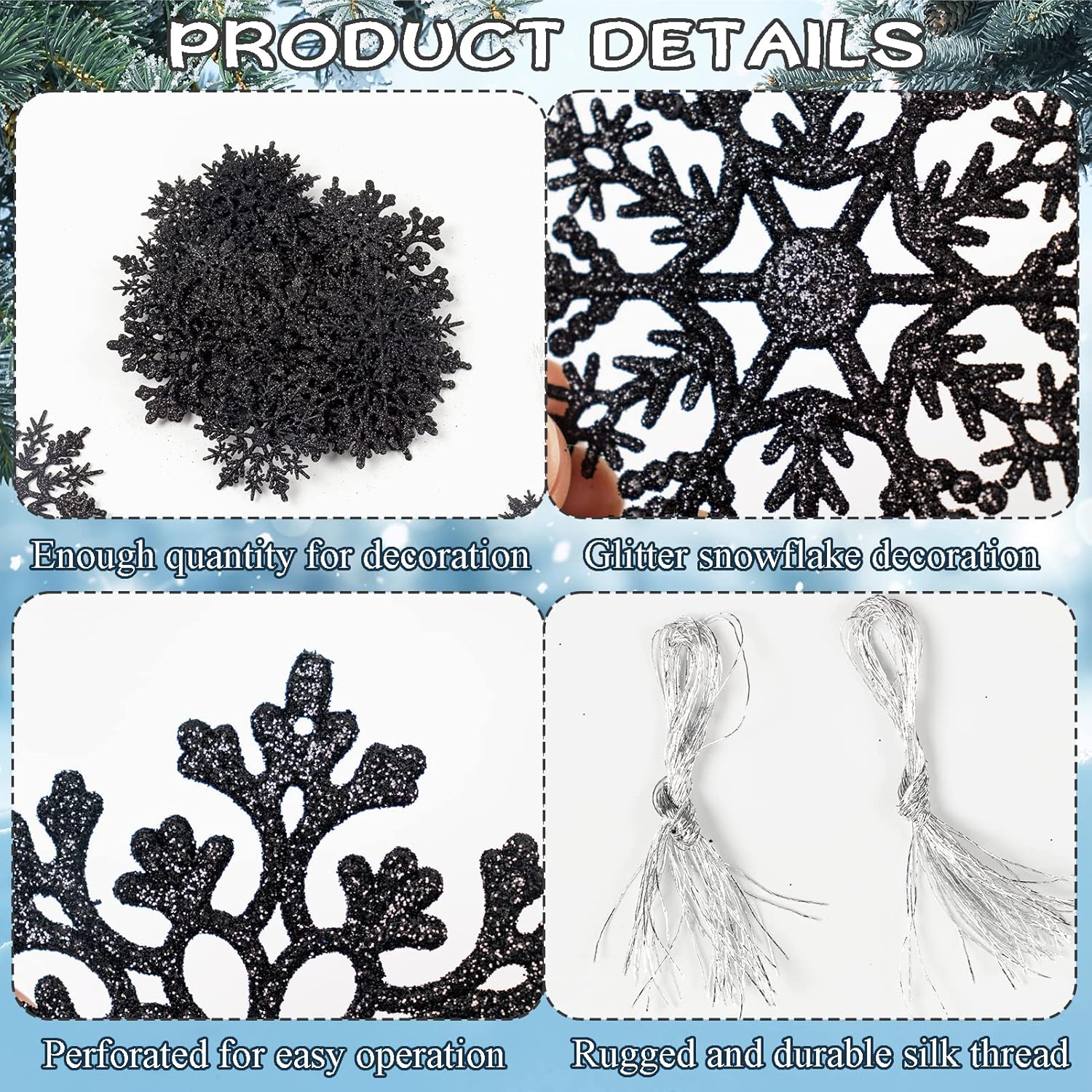 Skiennix 36-Piece Black Christmas Snowflake Ornaments - Glittery Hanging Decor for Winter Wonderland