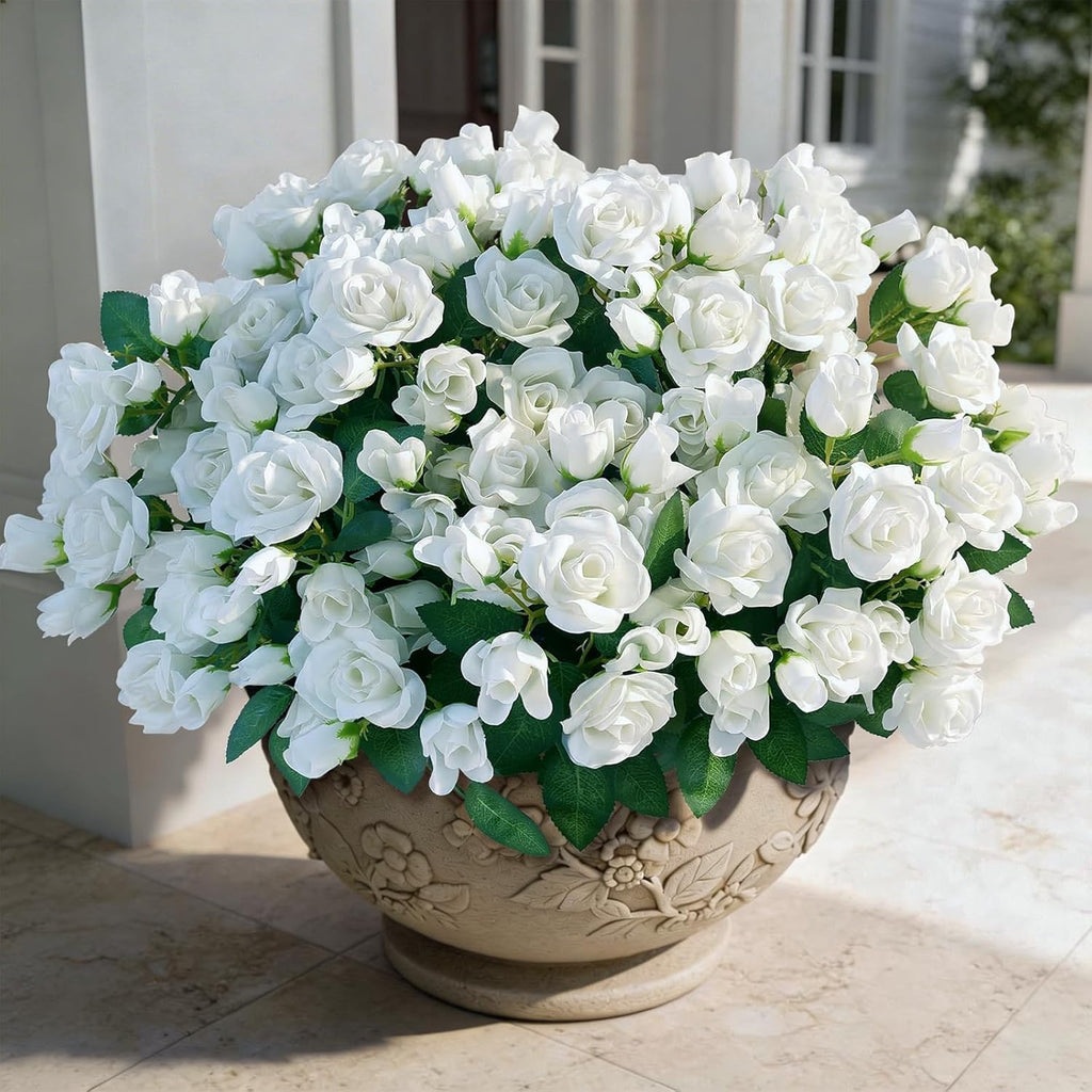 Skiennix Artificial Roses - Realistic Faux Silk Bouquets for Outdoor Decor | 8 Bundles in White