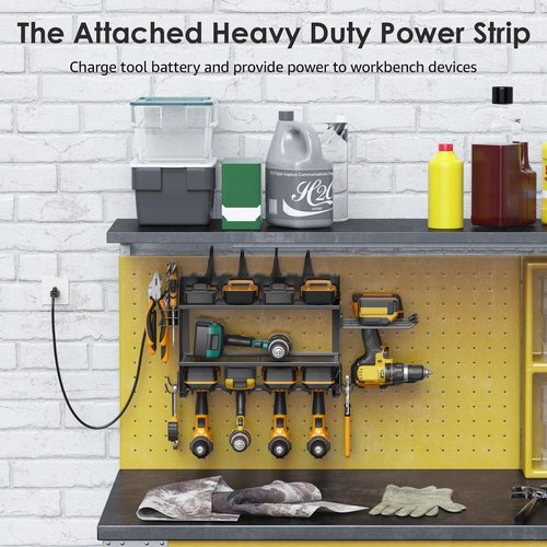 CCCEI Modular Power Tool Organizer Wall Mount Charging Station, Black 6 Drills Holder with 8 Plug Power Strip 10FT, Garage Drill Battery Heavy Duty Metal Shelf, Utility Rack with Hooks, Side Storage.