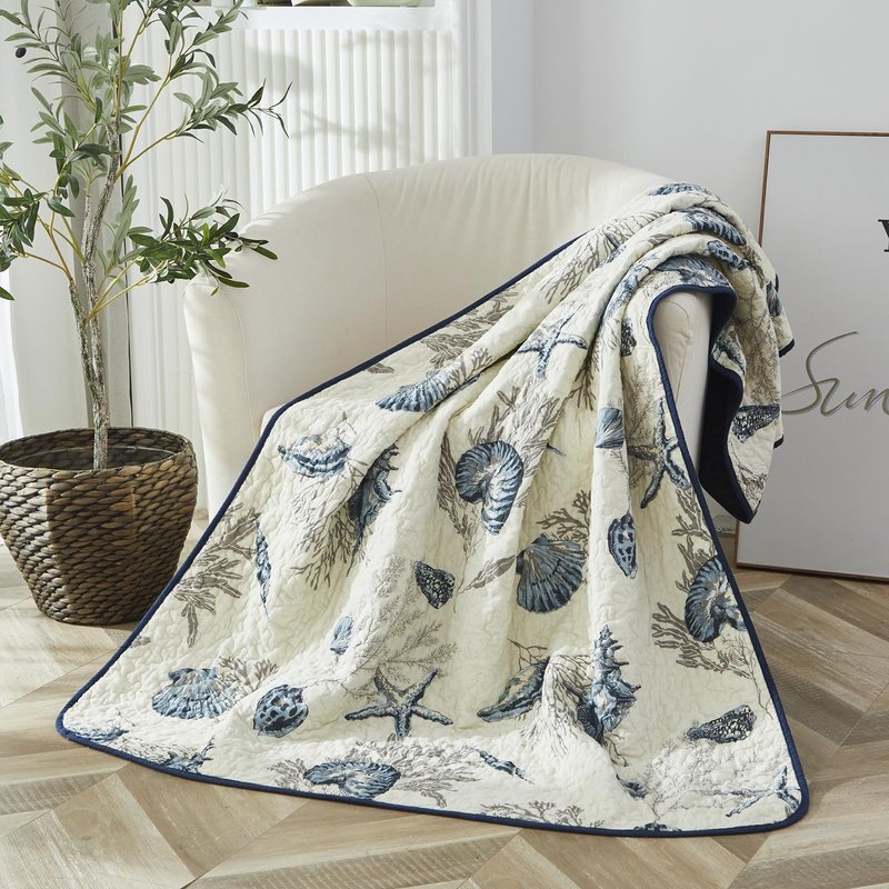 Brandream Blue Nautical Seashell Quilt Cotton Quilted Throw Blanket for Bed Couch Daybed 47 X 60 Inch Decorative Blankets