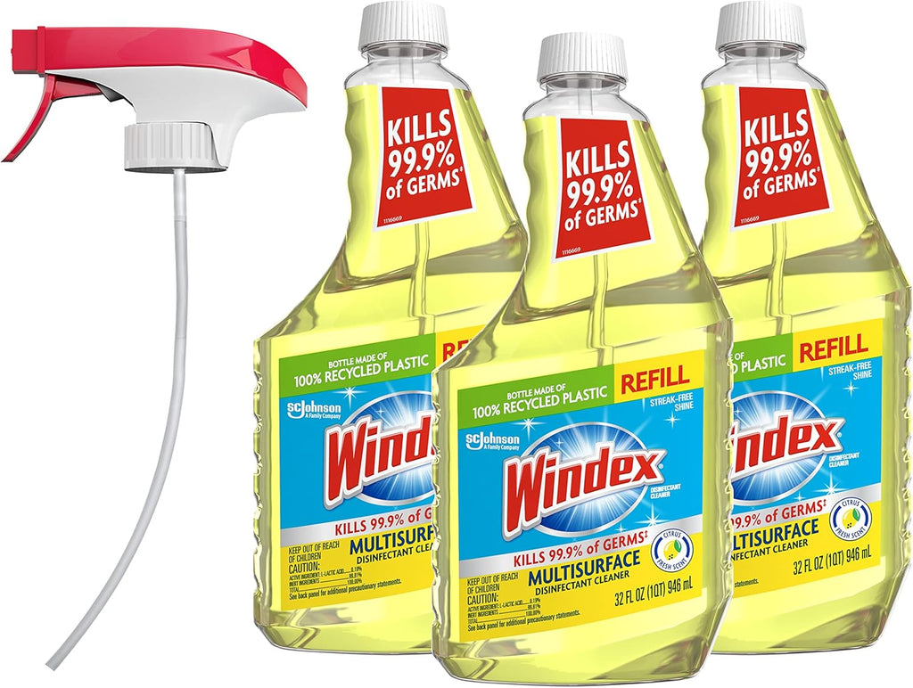Windex Refill Multipurpose Disinfectant Cleaner - Citrus Fresh Scent, 32 Fl Oz | Eco-Friendly Bottle Made from 100% Recovered Coastal Plastic (Pack of 3)