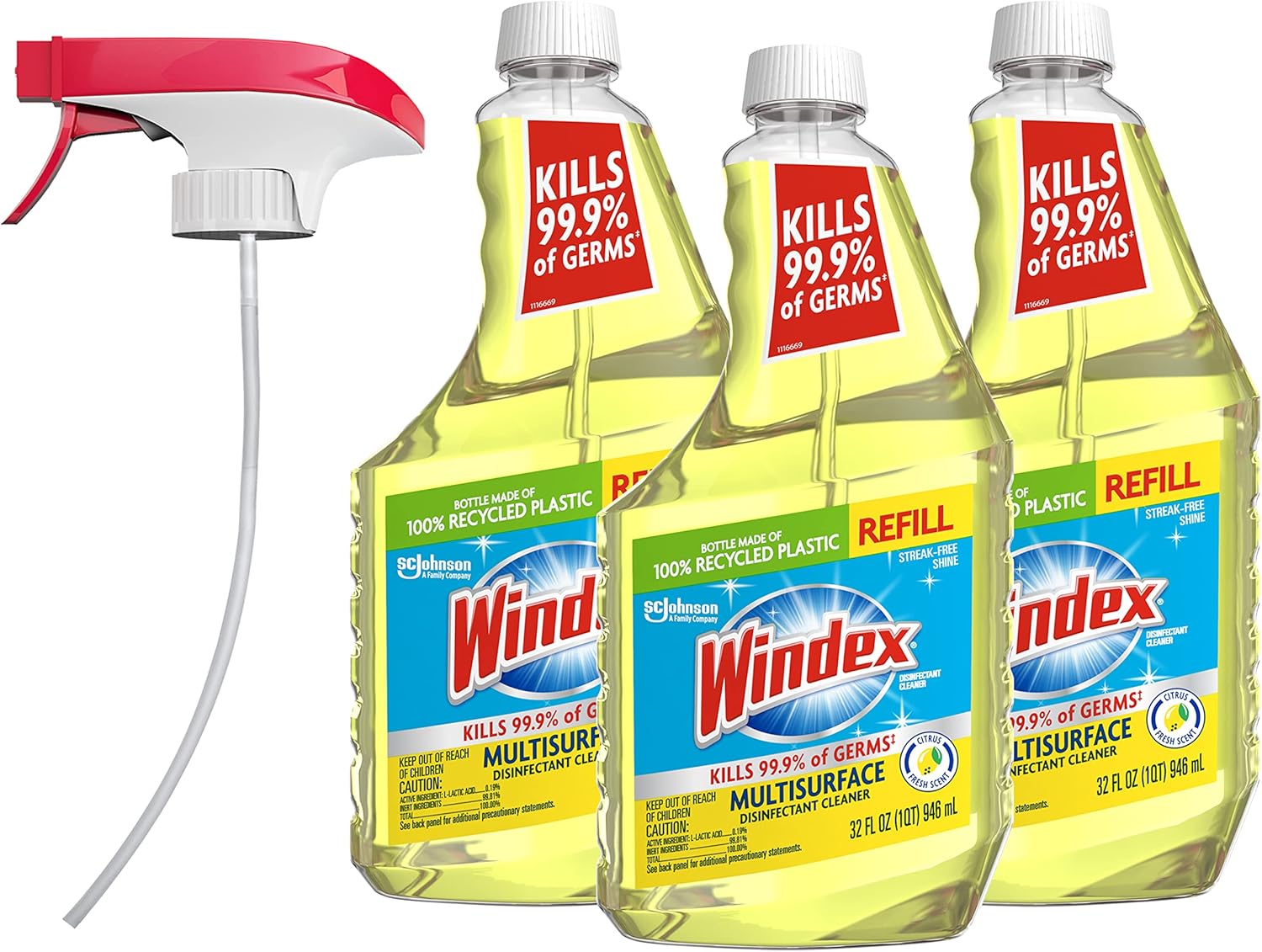 Windex Refill Multipurpose Disinfectant Cleaner - Citrus Fresh Scent, 32 Fl Oz | Eco-Friendly Bottle Made from 100% Recovered Coastal Plastic (Pack of 3)
