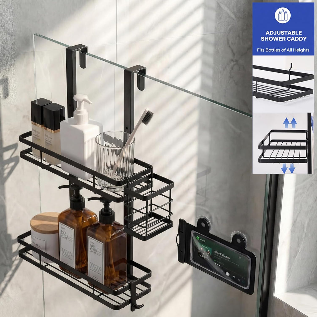 Skiennix Over The Door Shower Caddy - Rustproof 2-Tier Bathroom Organizer with Waterproof Phone Pouch | Black