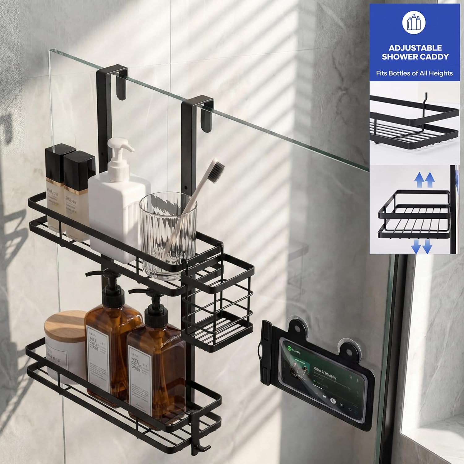 Skiennix Over The Door Shower Caddy - Rustproof 2-Tier Bathroom Organizer with Waterproof Phone Pouch | Black