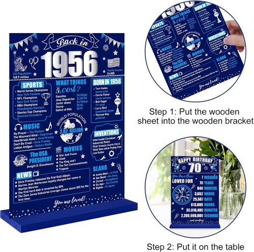 Back in 1956 70th Birthday Decorations - Two-Sided Wooden Table Sign with Stand | Blue & Silver
